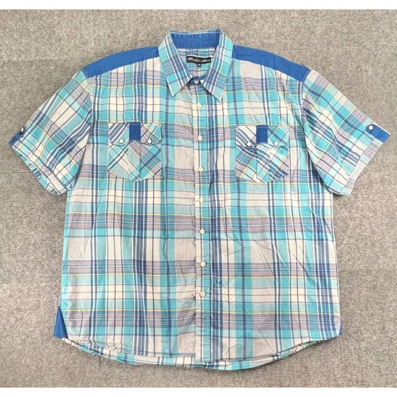 Knockout Jeans Button Up Shirt Mens 3XB Blue Plaid Pearl Snap Pockets & Sleeves - Picture 1 of 8